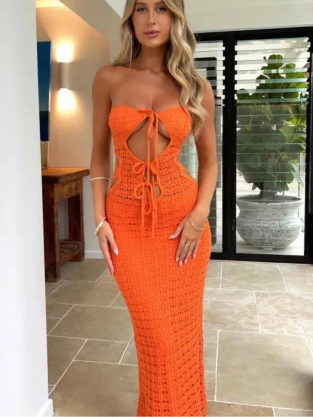 Strapless Orange Crochet Cutout Maxi Dress with Tie Front